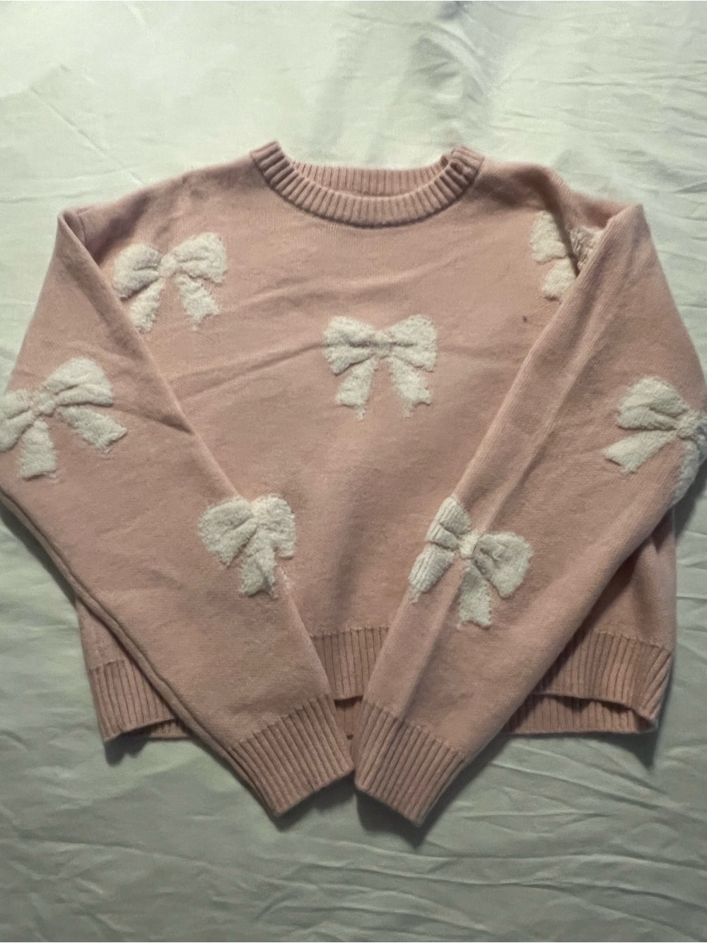 Harper & Ivy Pink Crewneck Sweater with White Bow Accents